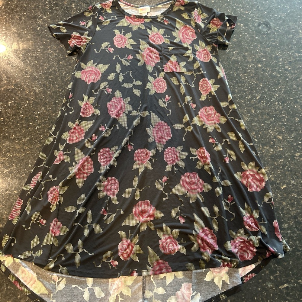 LuLaRoe Asymmetrical Dress with Pink Floral on Black